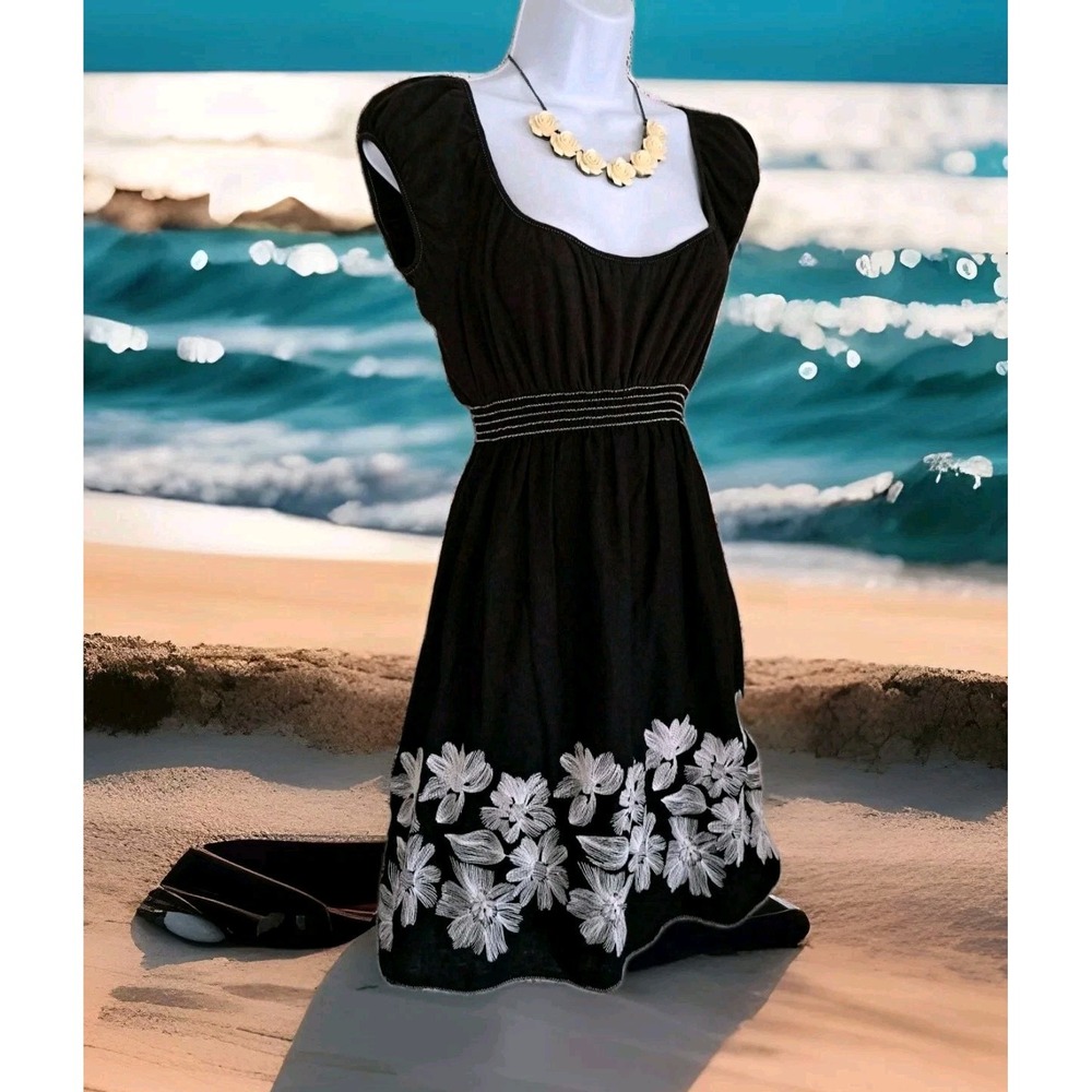 Studio M Dress S Black Floral Embroidery Cap Sleeves Smocked Waist Linen Blend